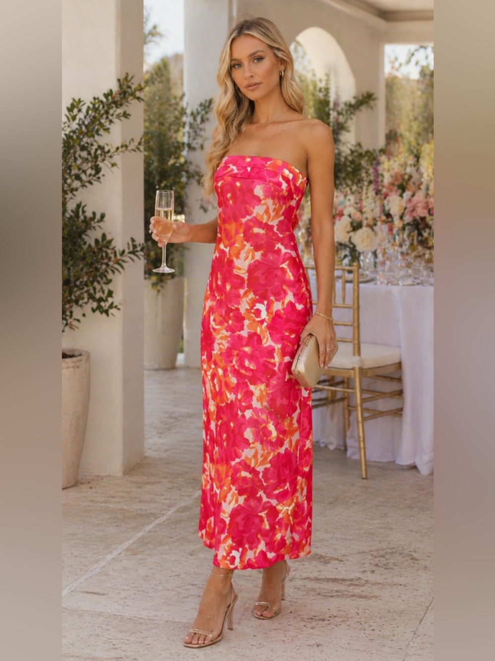 Floral Strapless Satin Maxi Dress – Wedding Guest Ready ✨